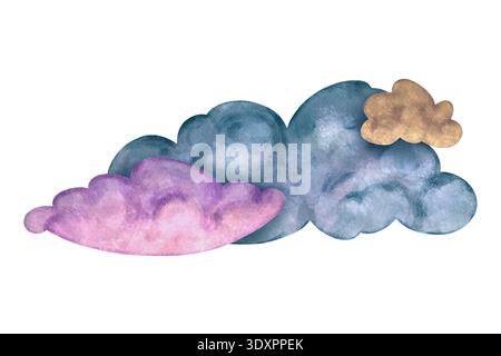 Illustrazione ad acquerello di nuvole colorate in tonalità blu, viola e dorate. Illustrazione per la decorazione del vivaio, il design del bambino, poster, tessuti e imballaggi. Foto Stock