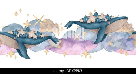 Bordo senza cuciture con acquerello con balene blu che trasportano stelle tra nuvole pastello e scintille dorate. Un'illustrazione celeste da sogno, perfetta per arredamento, carta da parati, rivestimento e design in tessuto. Foto Stock
