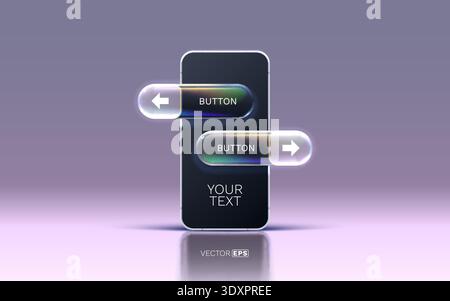 Smartphone moderno con futuristici pulsanti UI in vetro. Un concetto di interfaccia utente elegante con elementi traslucidi vibranti. Illustrazione vettoriale. Illustrazione Vettoriale