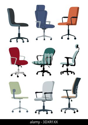 Set di moderne sedie da ufficio, vari design e colori Illustrazione Vettoriale