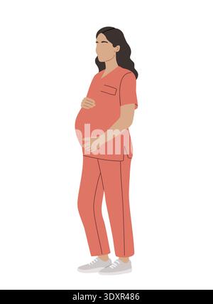 Infermiera incinta in scrub medico corallo, scarpe da ginnastica Illustrazione Vettoriale