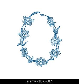 Corona di narcisi primaverili e farfalle volanti. Illustrazione vettoriale disegnata a mano in stile line art. Clip art monocromatiche per biglietti di auguri pasquali e. Illustrazione Vettoriale