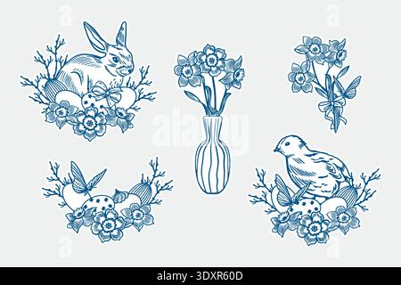 Adesivi pasquali con coniglietto, pulcino, fiori primaverili, uova decorate e farfalle. Illustrazione vettoriale disegnata a mano in stile line art. Blu monocromatico Illustrazione Vettoriale