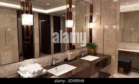 Eleganti interni del bagno con doppio lavabo con ripiano in marmo ed eleganti impianti di illuminazione Foto Stock