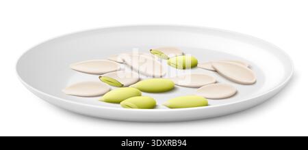 Semi di zucca su una piastra di porcellana bianca. Semi di zucca pelati e non sbucciati isolati su sfondo bianco. I chicchi di semi di zucca sono maturi e gustosi, A. Illustrazione Vettoriale