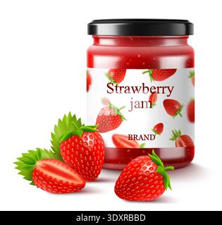 Confettura di fragole in un vaso di vetro e frutti di bosco freschi isolati su sfondo bianco. Illustrazione vettoriale 3d realistica della dolce conserva fatta in casa. Preservato S Illustrazione Vettoriale