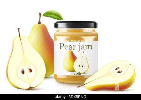 Vaso in vetro con inceppamento delle pere isolato su sfondo bianco. Frutti di bosco fatti in casa e marmellata di frutta, prodotto biologico naturale. Contenitore con tappo ed etichetta. Striscia bianca con spirito Illustrazione Vettoriale