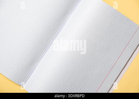 Un quaderno a righe aperto con carta per grafici giace su una superficie gialla, le pagine delle note. Torna a scuola. Design mockup. Posto di testo vuoto. Educativo Foto Stock
