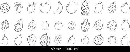 Set di icone artistiche minimali con linea di frutta. Delineare l'illustrazione vettoriale dei frutti esotici tropicali per colorare e disegnare Illustrazione Vettoriale