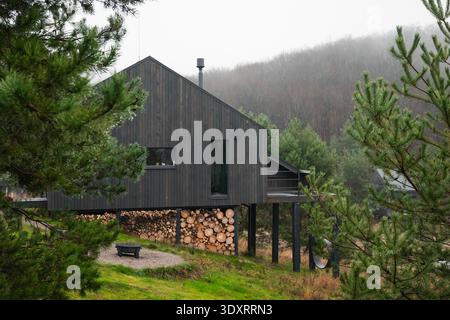 Moderna cabina in legno scuro su palafitte nella foresta nebbiosa. Una moderna cabina in legno nero rialzata su palafitte, caratterizzata da un'area di stoccaggio per legna da ardere integrata. Foto Stock