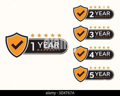 Set di badge di garanzia Black Orange Shield Collection di etichette di garanzia da 1 a 5 anni Illustrazione Vettoriale