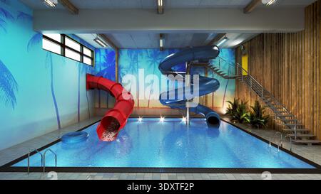 Un'area piscina interna con scivoli d'acqua rossi e blu e un murale tropicale sulla spiaggia. Un anello gonfiabile blu galleggia nell'acqua limpida. Rendering 3D. Foto Stock