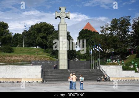 Tallinn, Estonia - 24 luglio 2024: Colonna della Vittoria della Guerra d'indipendenza (Vabadussoja voidusammas) in Piazza della libertà a Tallinn. Foto Stock
