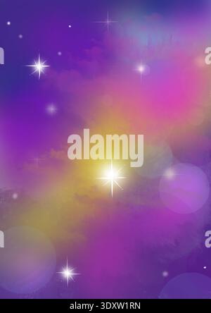 Sfondo cosmico con colori viola, lilla, rosa e giallo che brillano Foto Stock