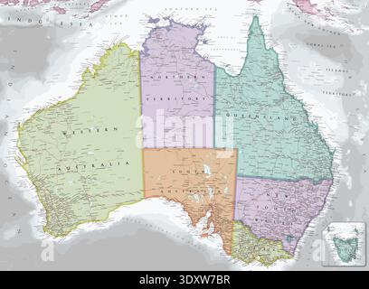 Mappa politica dell'Australia. Altissima qualità. Con migliaia di etichette per i nomi dei luoghi. Foto Stock