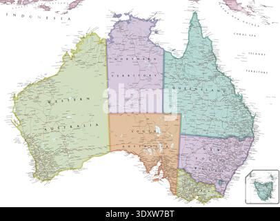Mappa politica dell'Australia. Altissima qualità. Con migliaia di etichette per i nomi dei luoghi. Foto Stock