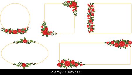 Cornici geometriche dorate con mazzi di rose rosse. Decorazioni per matrimoni. Piante in fiore. Angolo di foglie e fiori. Bordi d'oro botanico. Vettore Illustrazione Vettoriale