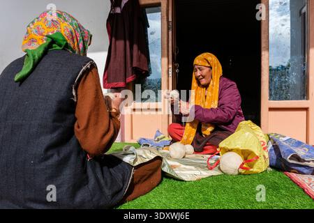 Due donne siedono all'aperto su un tappeto verde a Leh, incentrate su grandi palline di filato di lana avvolgenti mentre indossano colorate sciarpe tradizionali. Foto Stock