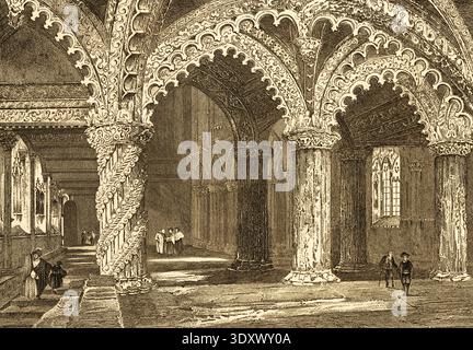 Interno della Rosslyn Chapel, XV secolo, Midlothian, Scozia, illustrazione storica 1844 Foto Stock