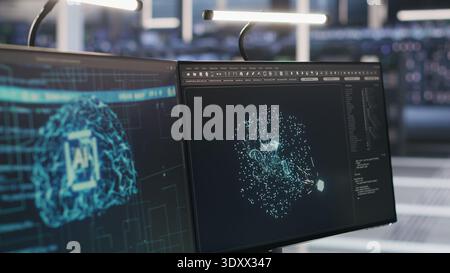Primo piano dei PC dei data center che mostrano strumenti di debug per la visualizzazione del deep learning. Sistemi informatici in hub server che alimentano l'intelligenza artificiale e le attività di ricerca automatizzate, riprese con fotocamera portatile Foto Stock