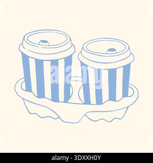 Due tazze da asporto disegnate a mano in doppio supporto in cartone, stile minimalista con linea blu. Grazioso vettore caffè perfetto per il marchio di caffetteria Illustrazione Vettoriale