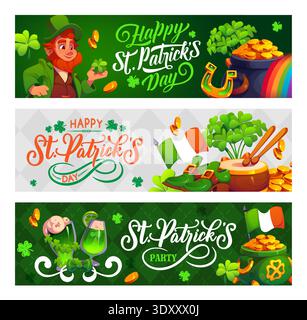 Striscioni per il buon giorno di San Patrizio, biglietti d'auguri vettoriali per le festività irlandesi. Personaggio del leprechaun dei cartoni animati con tralicci fortunati, ferro di cavallo e monete, vaso d'oro sull'arcobaleno, bandiera, volantini per feste per il giorno di San Patrizio Illustrazione Vettoriale