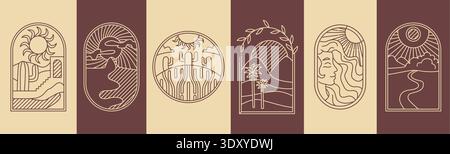 set con logo sunrise luxury. Delinea le icone con i simboli delle vacanze sulla costa come palme, sole, mare, sabbia. Concetto di paradiso. Illustrazione Vettoriale