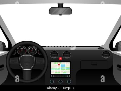 Vista interna di un'auto. Interni della vettura con volante e cruscotto della vettura. Illustrazione vettoriale. Illustrazione Vettoriale