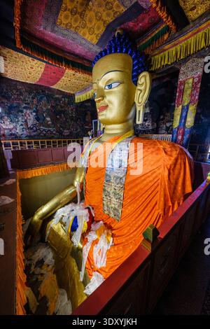 Vista laterale dell'enorme statua dorata del Buddha Shakyamuni all'interno del monastero di Shey, circondata da antichi dipinti murali. Distretto di Leh territorio dell'Unione di Foto Stock