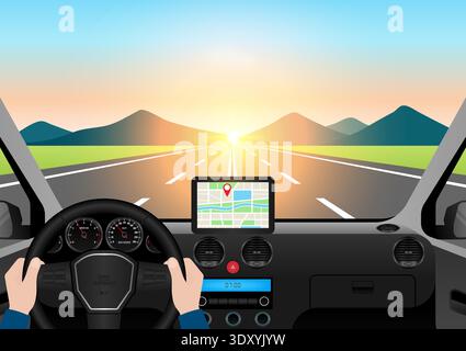 Uomo che guida all'interno di un'auto. Vista del conducente dall'interno di un'auto. Interni della vettura con volante e cruscotto della vettura. Illustrazione vettoriale. Illustrazione Vettoriale