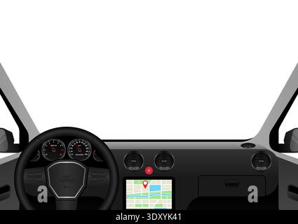 Vista interna di un'auto. Interni della vettura con volante e cruscotto della vettura. Illustrazione vettoriale. Illustrazione Vettoriale
