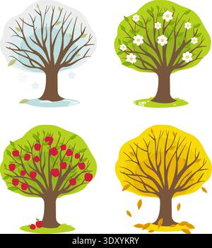 Quattro stagioni in natura. Mela in fattoria o in giardino in inverno, primavera, estate e autunno. Set di alberi da frutto con neve e fiori. Illustrazione Vettoriale