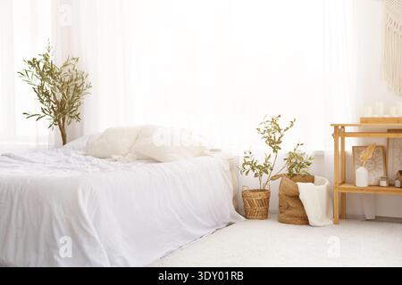 Interni luminosi e minimali con letto bianco, piante e decorazioni naturali Foto Stock