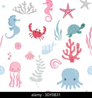 simpatici animali sottomarini, fantasia infantile in stile cartoni animati senza cuciture Illustrazione Vettoriale