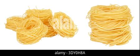Le tagliatelle di pasta italiana nidificano isolate su fondo bianco con piena profondità di campo. Foto Stock