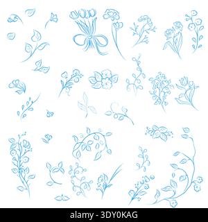 Fiori e rami, arte in linea, disegnati a mano. Illustrazione vettoriale. Raccolta di piante primaverili con petali e foglie, mazzi e fiori, isolati su Illustrazione Vettoriale