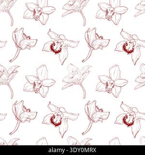 Fiore di vaniglia, orchidea phalaenopsis con grandi petali. Motivo botanico monocromatico senza cuciture. Inchiostro disegnato a mano per disegni grafici Illustrazione Vettoriale