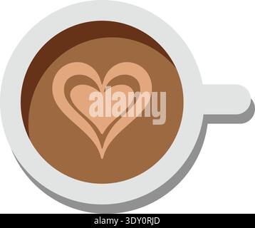 Immagine dall'alto di una tazza di latte con una schiuma a forma di cuore al centro Illustrazione Vettoriale