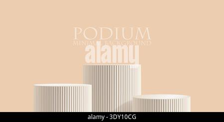 Podio in marmo su sfondo beige, rendering in 3d della piattaforma a pilastri scanalati bianchi in un elegante studio premium. Sovrapposizione ombreggiatura realistica, luminosa Illustrazione Vettoriale