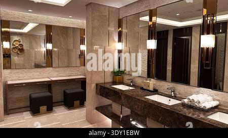 Eleganti interni del bagno dall'atmosfera lussuosa, con uno splendido doppio lavabo in marmo, specchi a parete e sofisticate lampade. Foto Stock