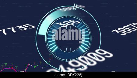 Visualizzazione dell'indicatore circolare centrale luminoso sul cruscotto, con 386, grafico finanziario, linee di scansione. Neon, telemetria, hud, interfaccia, futuristica, ciano, ma Foto Stock