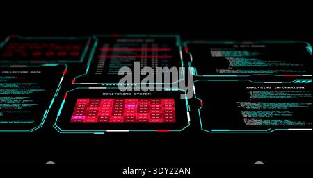 Visualizzazione del pannello DEL SISTEMA DI MONITORAGGIO con la griglia rossa della mappa termica nell'interfaccia utente di controllo con pannelli HUD ciano. Futuristico, neon, schermo, cruscotto, cyberpunk, digita Foto Stock