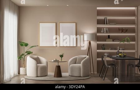 Area pranzo e soggiorno Premium Mockup in Cloud Dancer Pantone Color con ripiani a LED, poltrone moderne e doppie cornici artistiche Foto Stock