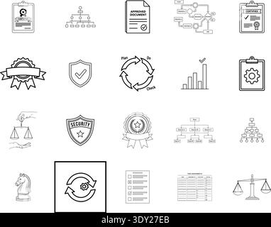 Una raccolta di immagini in bianco e nero contenente una griglia di 20 icone diverse relative al business, al controllo qualità e alla certificazione. le icone sono a. Illustrazione Vettoriale