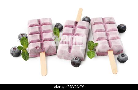 Papaveri di yogurt ai mirtilli, frutti di bosco e menta isolati su bianco Foto Stock
