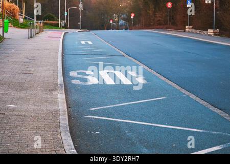 Corsia della fermata dell'autobus segnata con vernice bianca sulla strada asfaltata con marciapiede e alberi sullo sfondo Foto Stock