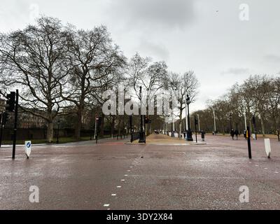 Londra, Regno Unito - 01 febbraio 2026: Una tranquilla strada londinese in inverno con alberi, pedoni e semafori. Foto Stock