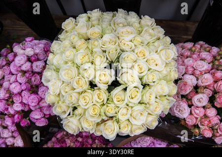 Bouquet di rose bianche con rose rosa che mostrano una fresca bellezza floreale e un concetto regalo Foto Stock