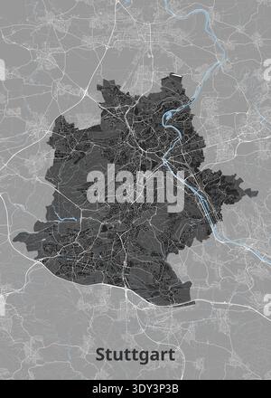 Questa è una mappa di Stoccarda, Germania. La città è evidenziata in grigio scuro, con la sua intricata rete di strade ed edifici chiaramente visibili. Illustrazione Vettoriale