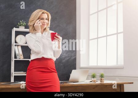 Discorso d'affari, consulenza telefonica in ufficio Foto Stock